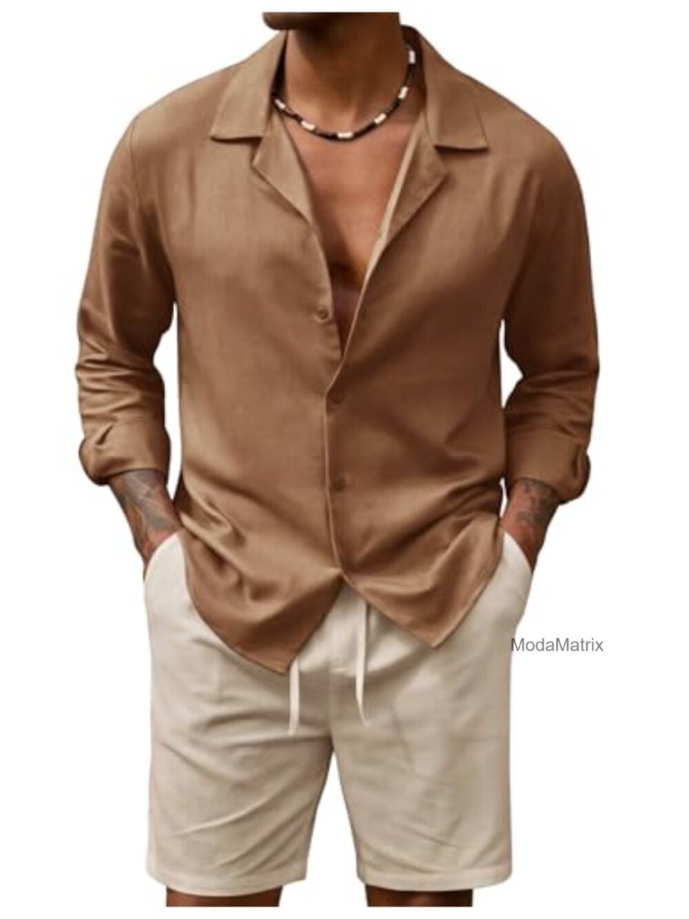 Men's 2 Piece Linen Set Long Sleeve Button Down Shirt and Shorts Casual